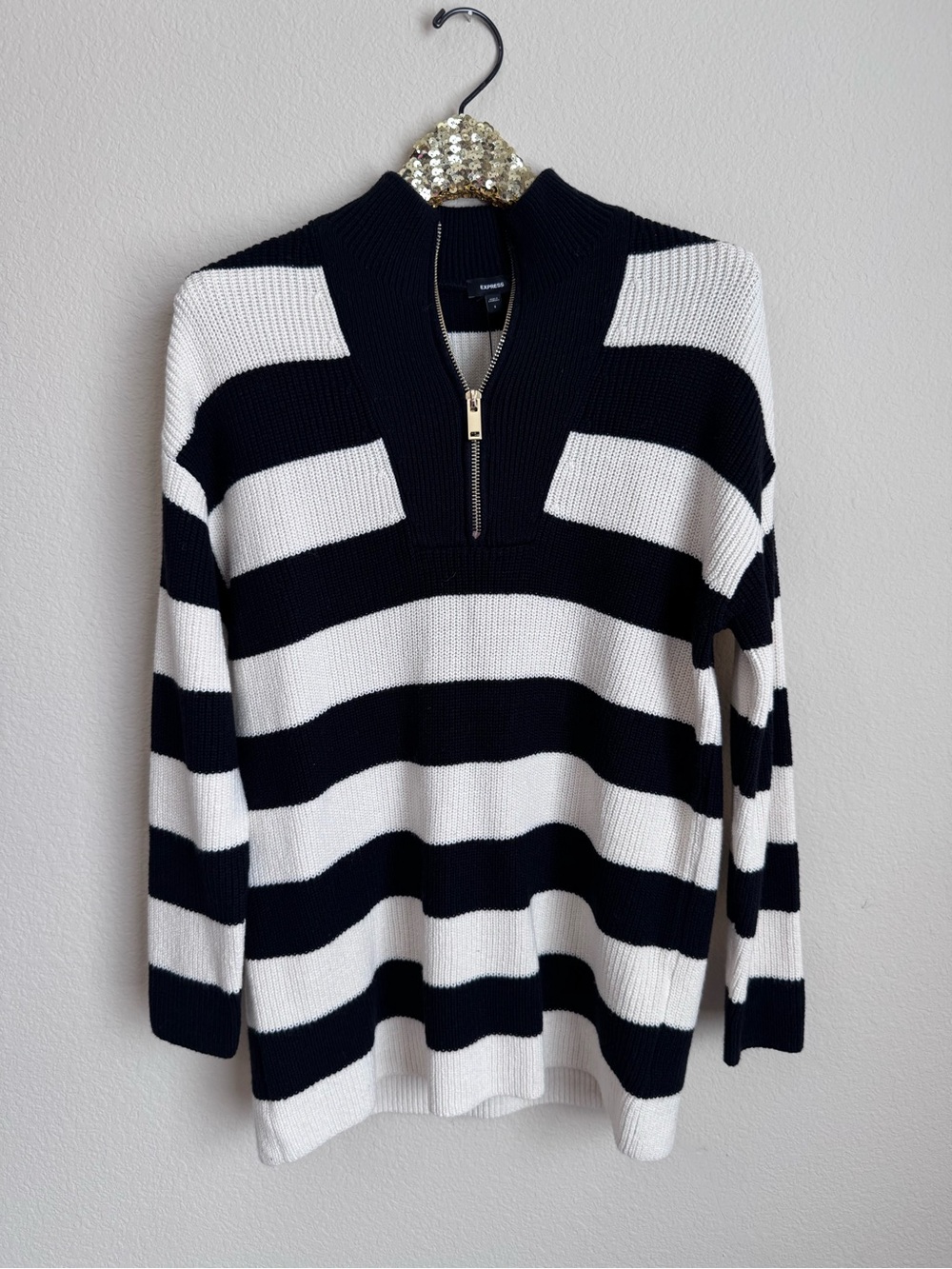 NWT Express Black & White Striped Quarter-Zip Sweater Size S